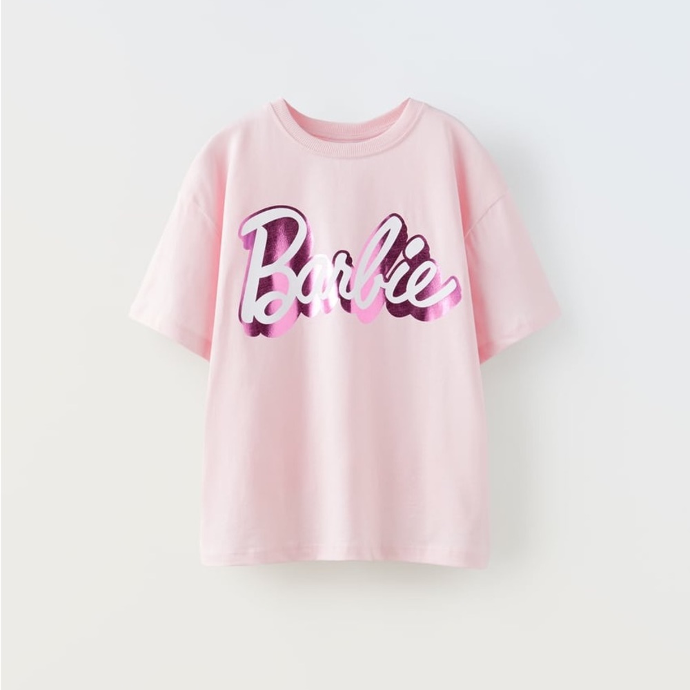 Zara Kids girls pastel pink Barbie Mattel foil tee in size 8-9
